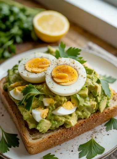 A thick slice of toasted whole grain bread on a white ceramic plate generously topped with creamy green avocado egg salad, two halved hard boiled egg rounds placed on top showing bright golden yolks, fresh flat leaf parsley scattered over the surface and a crack of black pepper, on a light neutral surface