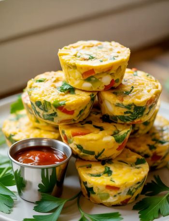 A generous stack of golden high protein egg bites piled on a white ceramic plate, each one deeply golden on top with visible green herbs and red pepper pieces throughout, a small stainless steel ramekin of red dipping sauce beside the stack, fresh parsley scattered over the tops