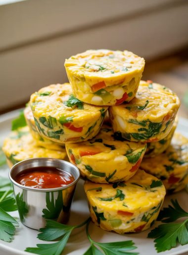 A generous stack of golden high protein egg bites piled on a white ceramic plate, each one deeply golden on top with visible green herbs and red pepper pieces throughout, a small stainless steel ramekin of red dipping sauce beside the stack, fresh parsley scattered over the tops