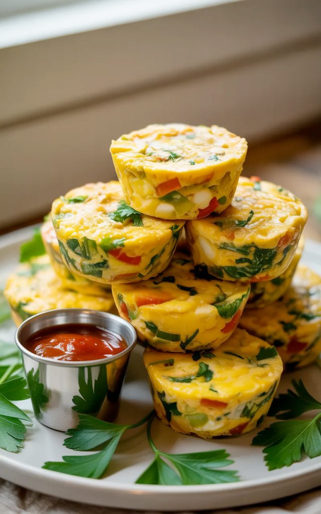 A generous stack of golden high protein egg bites piled on a white ceramic plate, each one deeply golden on top with visible green herbs and red pepper pieces throughout, a small stainless steel ramekin of red dipping sauce beside the stack, fresh parsley scattered over the tops