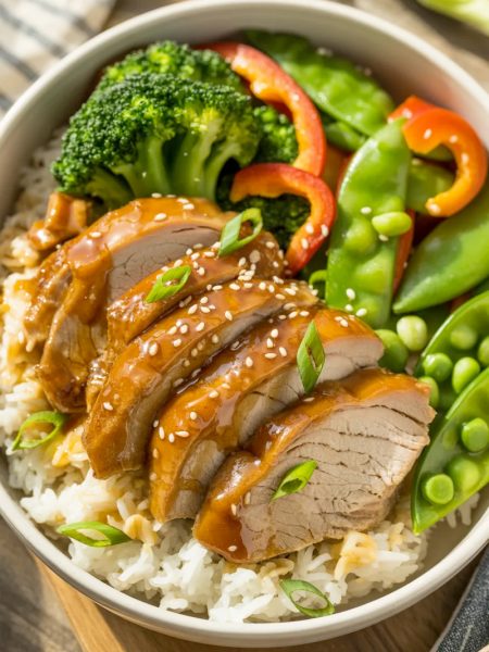 Rice bowl with sliced honey garlic glazed pork, steamed broccoli, bell peppers, sesame seeds, and green onions