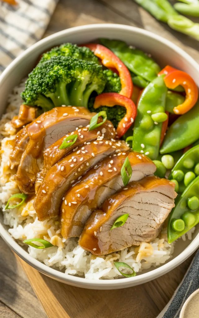 Rice bowl with sliced honey garlic glazed pork, steamed broccoli, bell peppers, sesame seeds, and green onions