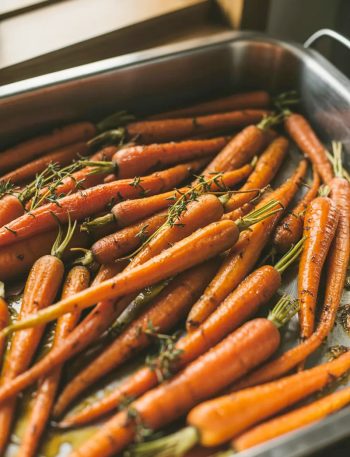 Honey roasted carrots glazed and caramelized with golden edges in a stainless steel roasting pan garnished with fresh thyme