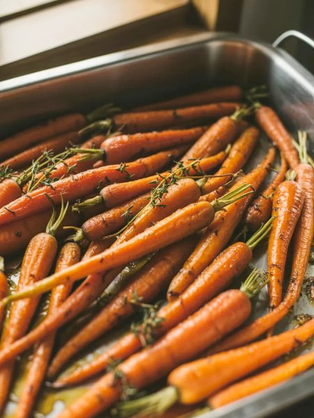 Honey roasted carrots glazed and caramelized with golden edges in a stainless steel roasting pan garnished with fresh thyme