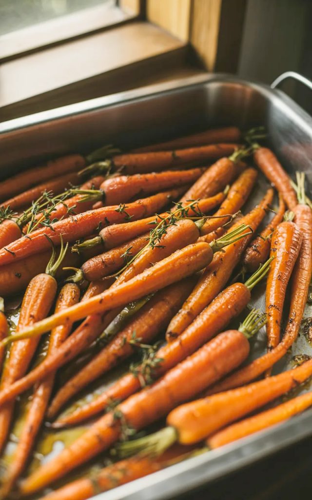 Honey roasted carrots glazed and caramelized with golden edges in a stainless steel roasting pan garnished with fresh thyme