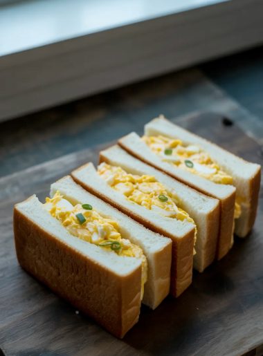 Four rectangular Japanese egg sandwich fingers arranged side by side on a dark wooden surface, each showing a thick cross section of creamy yellow egg salad filling between two slices of soft white crustless milk bread, scattered green onions on top