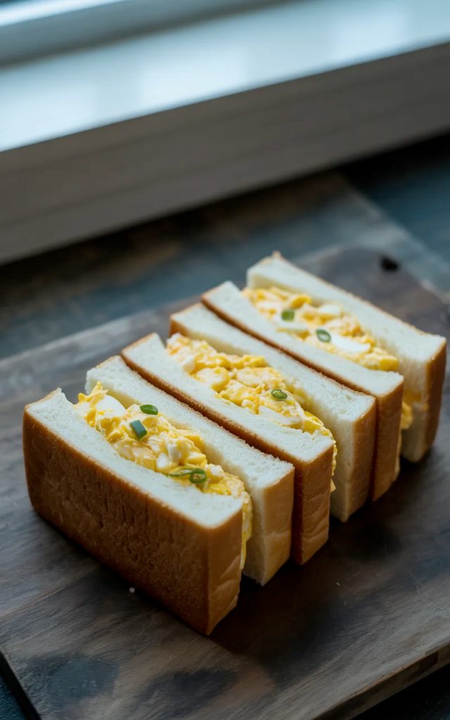 Four rectangular Japanese egg sandwich fingers arranged side by side on a dark wooden surface, each showing a thick cross section of creamy yellow egg salad filling between two slices of soft white crustless milk bread, scattered green onions on top