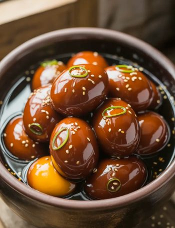 Eight glossy deep amber Korean marinated eggs packed closely together in a dark clay ceramic bowl, submerged in a dark soy marinade, topped generously with sliced green onions and white sesame seeds, the eggs deeply golden amber in color with a glossy surface catching the light