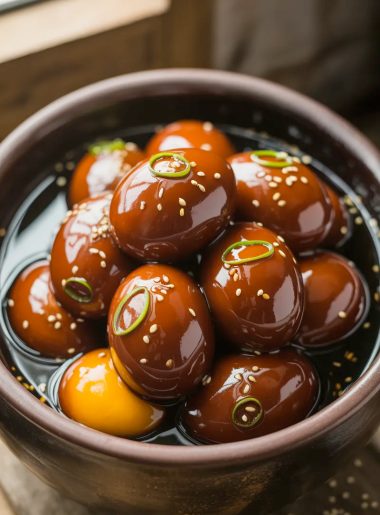 Eight glossy deep amber Korean marinated eggs packed closely together in a dark clay ceramic bowl, submerged in a dark soy marinade, topped generously with sliced green onions and white sesame seeds, the eggs deeply golden amber in color with a glossy surface catching the light