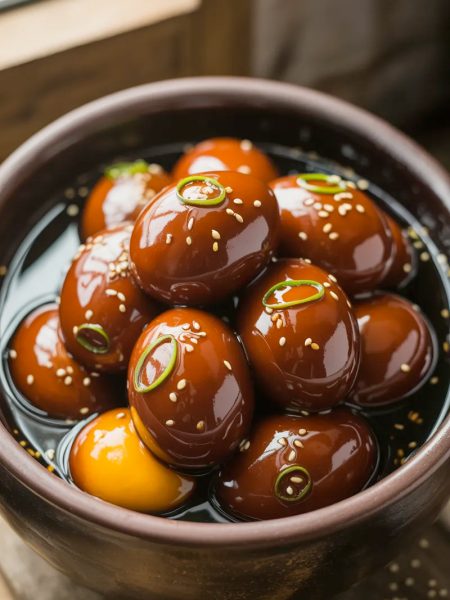 Eight glossy deep amber Korean marinated eggs packed closely together in a dark clay ceramic bowl, submerged in a dark soy marinade, topped generously with sliced green onions and white sesame seeds, the eggs deeply golden amber in color with a glossy surface catching the light