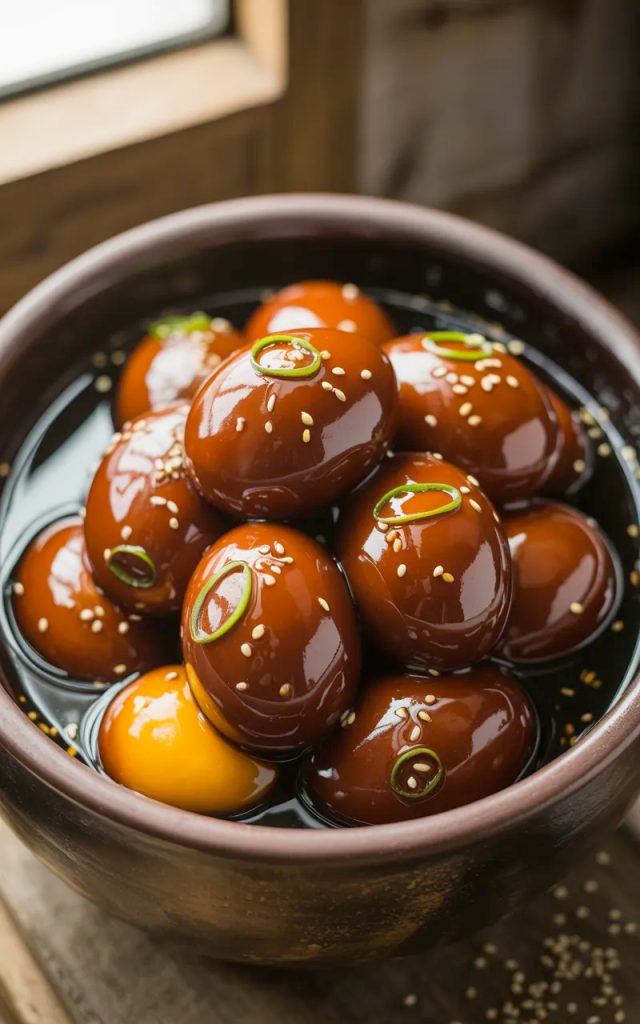 Eight glossy deep amber Korean marinated eggs packed closely together in a dark clay ceramic bowl, submerged in a dark soy marinade, topped generously with sliced green onions and white sesame seeds, the eggs deeply golden amber in color with a glossy surface catching the light