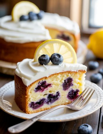 A slice of moist lemon blueberry cake with thick cream cheese frosting garnished with fresh blueberries and a lemon slice on a white decorative plate