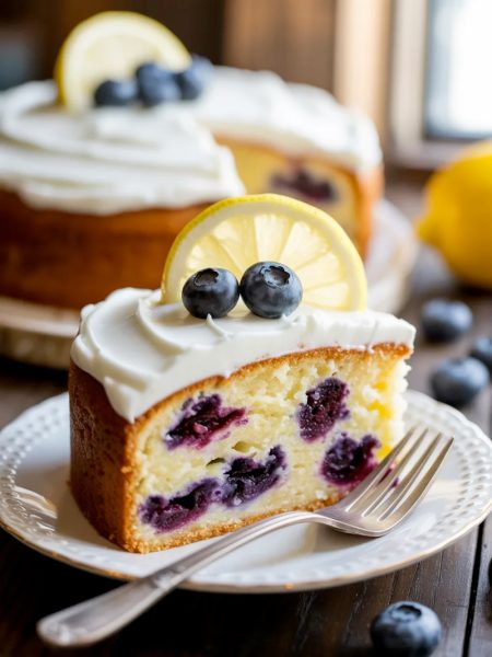 A slice of moist lemon blueberry cake with thick cream cheese frosting garnished with fresh blueberries and a lemon slice on a white decorative plate