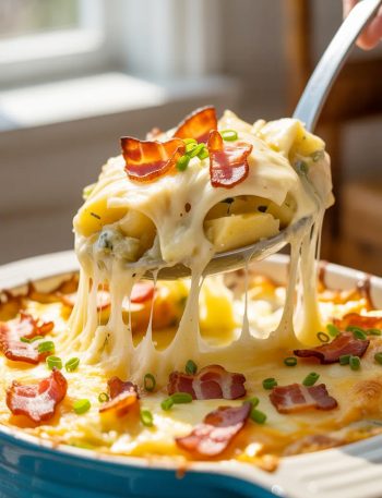 A generous serving of cheesy loaded scalloped potatoes with bacon and chives being lifted from a blue ceramic baking dish
