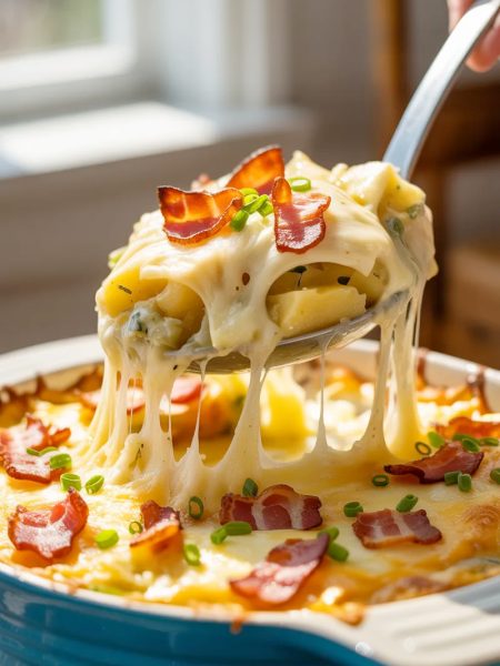 A generous serving of cheesy loaded scalloped potatoes with bacon and chives being lifted from a blue ceramic baking dish
