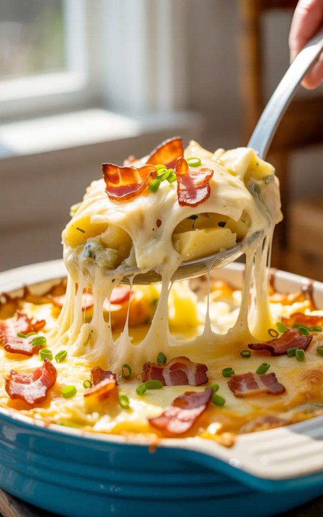 A generous serving of cheesy loaded scalloped potatoes with bacon and chives being lifted from a blue ceramic baking dish