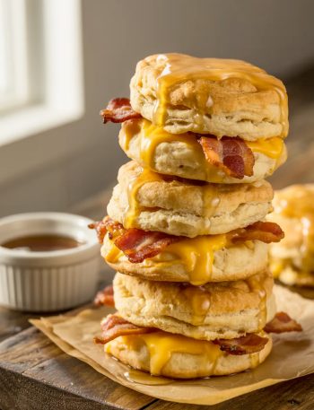 Stack of golden flaky maple bacon cheddar biscuits with crispy bacon and cheddar cheese visible throughout on a rustic wooden surface with maple glaze glistening on top