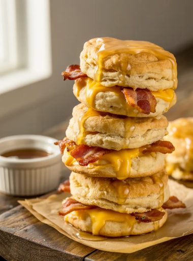 Stack of golden flaky maple bacon cheddar biscuits with crispy bacon and cheddar cheese visible throughout on a rustic wooden surface with maple glaze glistening on top