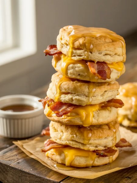 Stack of golden flaky maple bacon cheddar biscuits with crispy bacon and cheddar cheese visible throughout on a rustic wooden surface with maple glaze glistening on top