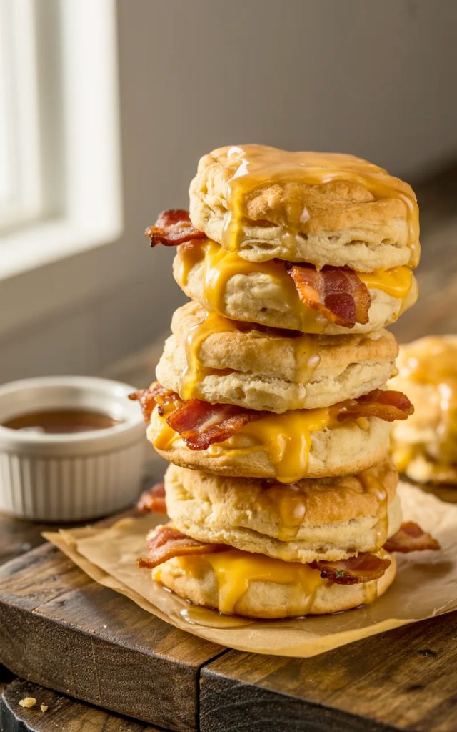 Stack of golden flaky maple bacon cheddar biscuits with crispy bacon and cheddar cheese visible throughout on a rustic wooden surface with maple glaze glistening on top
