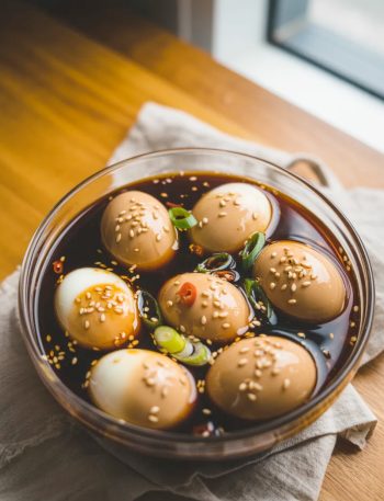 Korean mayak eggs soaked in soy marinade with sesame seeds and green onions in a glass bowl