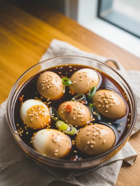 Korean mayak eggs soaked in soy marinade with sesame seeds and green onions in a glass bowl