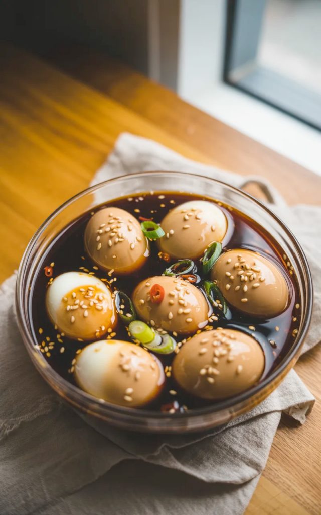 Korean mayak eggs soaked in soy marinade with sesame seeds and green onions in a glass bowl
