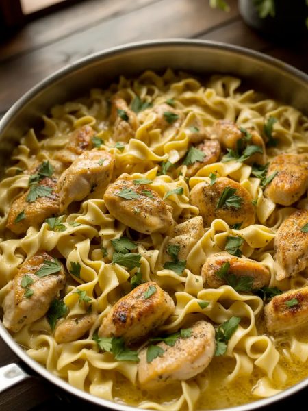 Golden seared chicken pieces and tender egg noodles in a rich creamy garlic butter sauce in a large skillet garnished with fresh parsley