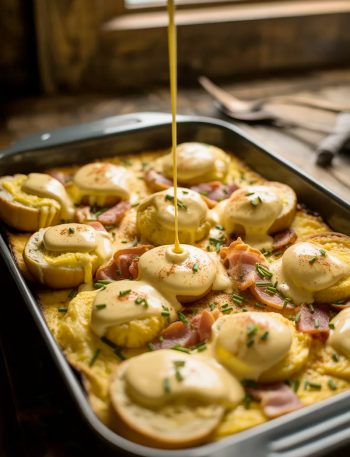 Overnight eggs benedict casserole in a dark baking dish with golden baked English muffin cubes and Canadian bacon with rich hollandaise sauce being drizzled over the top and fresh chives scattered throughout