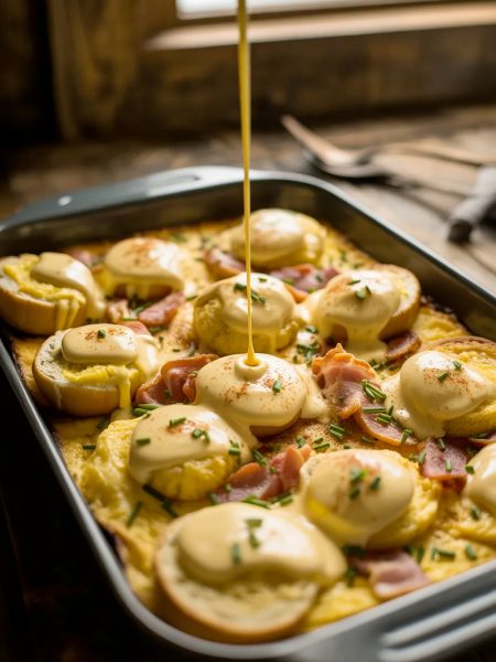 Overnight eggs benedict casserole in a dark baking dish with golden baked English muffin cubes and Canadian bacon with rich hollandaise sauce being drizzled over the top and fresh chives scattered throughout