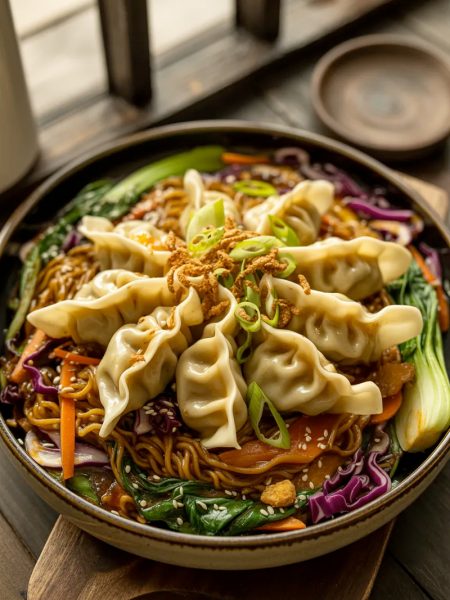 Potsticker noodle bowl loaded with crispy golden pan-fried potstickers over stir-fried noodles colorful vegetables and savory garlic ginger sauce garnished with green onions and sesame seeds