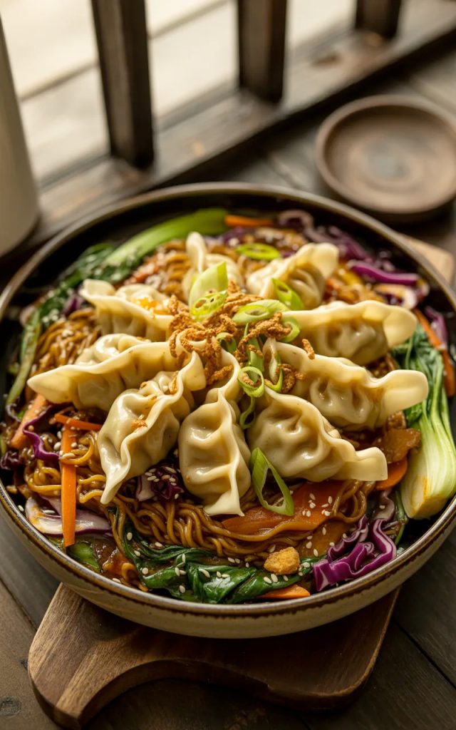 Potsticker noodle bowl loaded with crispy golden pan-fried potstickers over stir-fried noodles colorful vegetables and savory garlic ginger sauce garnished with green onions and sesame seeds