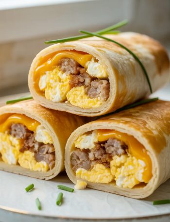 Three golden toasted sausage egg and cheese breakfast roll-ups on a white ceramic plate, two cut diagonally to show the cross section of fluffy scrambled eggs, crumbled sausage and melted cheddar cheese inside, garnished with fresh green chives on top