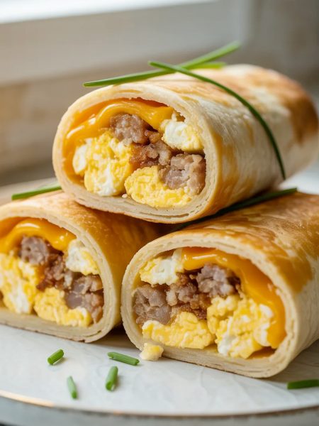 Three golden toasted sausage egg and cheese breakfast roll-ups on a white ceramic plate, two cut diagonally to show the cross section of fluffy scrambled eggs, crumbled sausage and melted cheddar cheese inside, garnished with fresh green chives on top