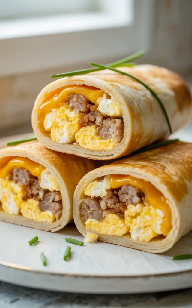 Three golden toasted sausage egg and cheese breakfast roll-ups on a white ceramic plate, two cut diagonally to show the cross section of fluffy scrambled eggs, crumbled sausage and melted cheddar cheese inside, garnished with fresh green chives on top