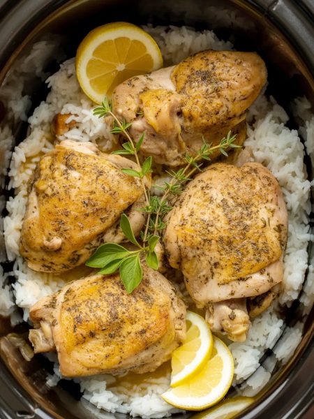 Tender lemon herb chicken thighs on bed of fluffy white rice in slow cooker with lemon slices and fresh herbs