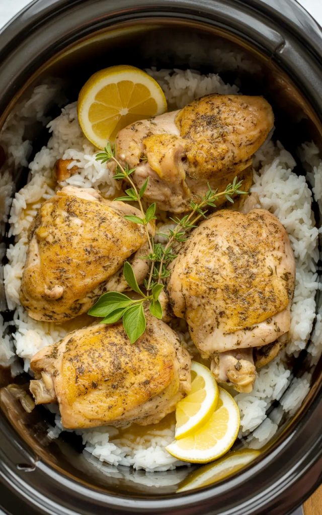 Tender lemon herb chicken thighs on bed of fluffy white rice in slow cooker with lemon slices and fresh herbs