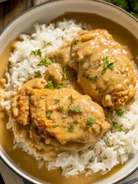 Golden-brown chicken thighs smothered in creamy gravy served over fluffy white rice, garnished with fresh parsley