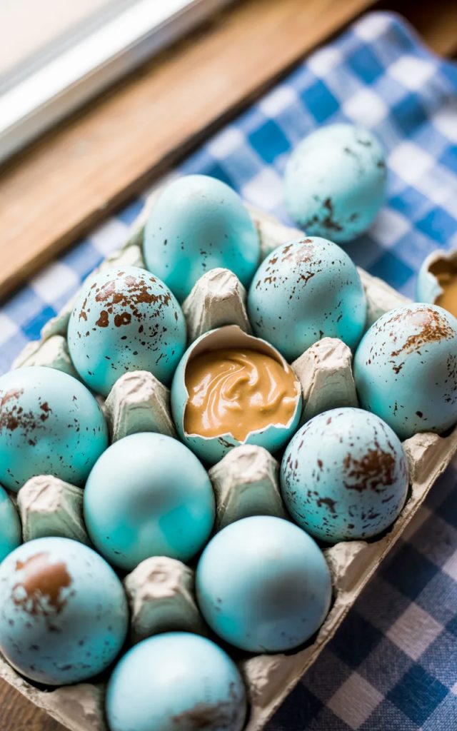 Homemade speckled blue peanut butter Easter eggs in a white ceramic egg carton on a blue gingham tablecloth with one egg broken open showing the creamy peanut butter filling