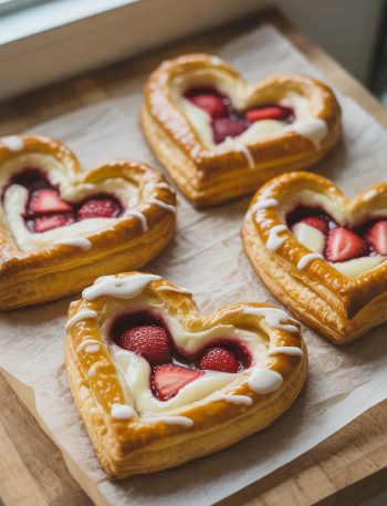 Four golden flaky heart shaped puff pastry danishes on parchment paper on a wooden board, each filled with white cream cheese filling and fresh glazed strawberry pieces, drizzled with white vanilla glaze, shot from a slightly elevated angle