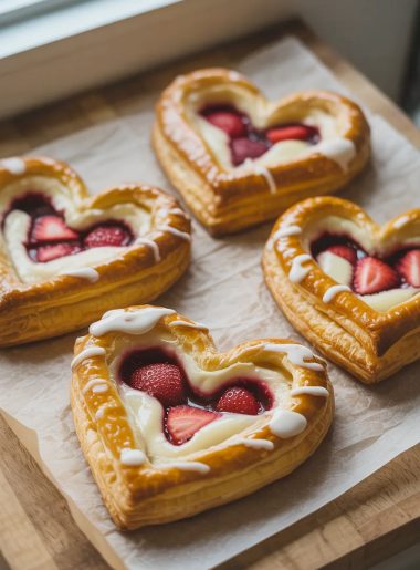 Four golden flaky heart shaped puff pastry danishes on parchment paper on a wooden board, each filled with white cream cheese filling and fresh glazed strawberry pieces, drizzled with white vanilla glaze, shot from a slightly elevated angle