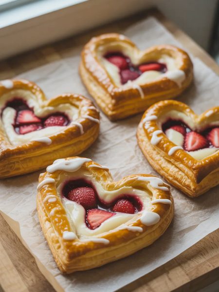 Four golden flaky heart shaped puff pastry danishes on parchment paper on a wooden board, each filled with white cream cheese filling and fresh glazed strawberry pieces, drizzled with white vanilla glaze, shot from a slightly elevated angle