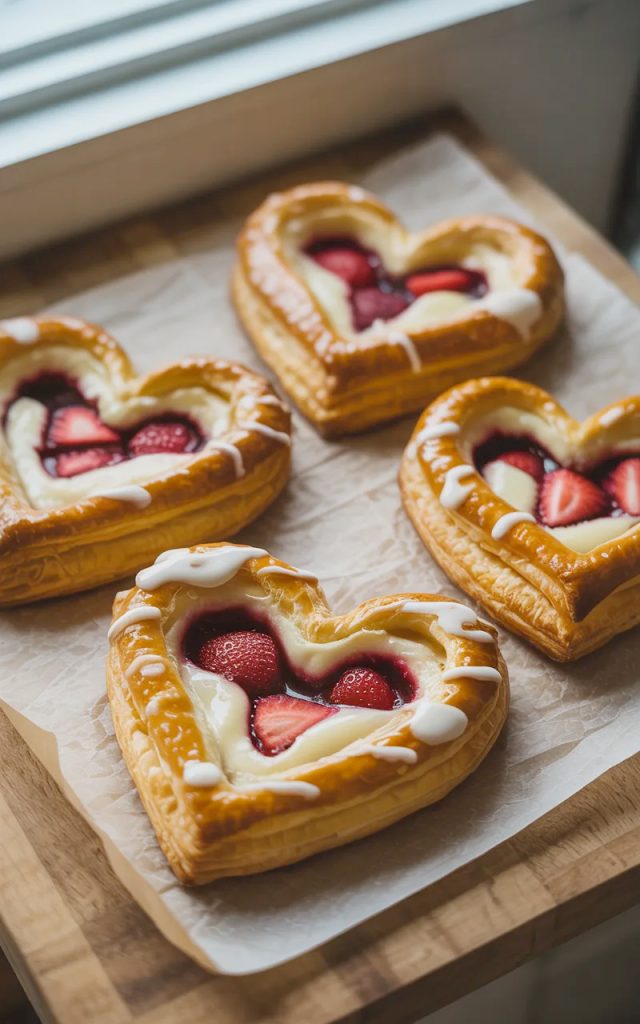 Four golden flaky heart shaped puff pastry danishes on parchment paper on a wooden board, each filled with white cream cheese filling and fresh glazed strawberry pieces, drizzled with white vanilla glaze, shot from a slightly elevated angle