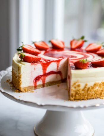 A whole strawberry swirl cheesecake on a white cake stand with one slice cut out, showing a creamy filling with vibrant red strawberry swirl and a golden graham cracker crust, garnished with fresh strawberries on top