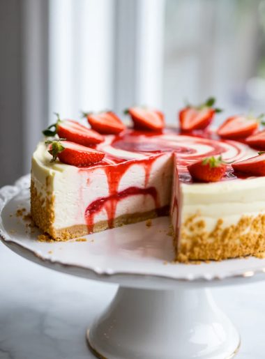 A whole strawberry swirl cheesecake on a white cake stand with one slice cut out, showing a creamy filling with vibrant red strawberry swirl and a golden graham cracker crust, garnished with fresh strawberries on top