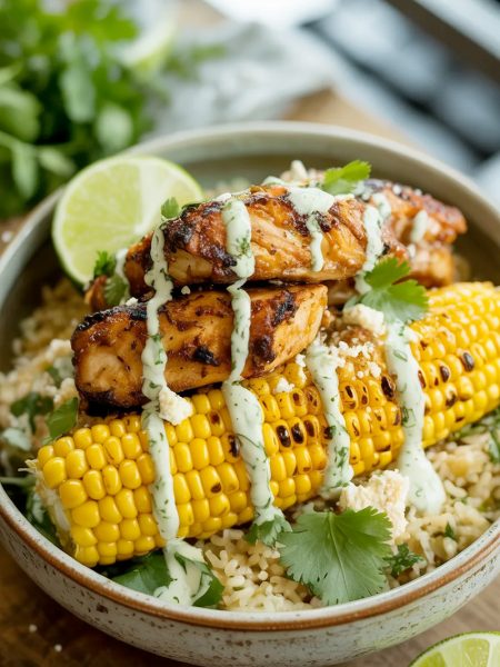 Vibrant street corn chicken rice bowl with charred chicken pieces, golden corn kernels, and creamy cilantro sauce drizzled over cilantro-lime rice in a rustic bowl