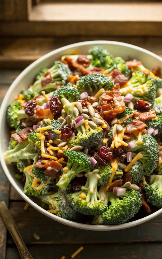 The best broccoli salad in a large white serving bowl with fresh broccoli florets crispy bacon dried cranberries red onion and sunflower seeds tossed in a sweet and tangy creamy dressing
