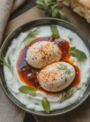 Turkish eggs cilbir with poached eggs on garlicky yogurt drizzled with red chili butter on a dark ceramic plate