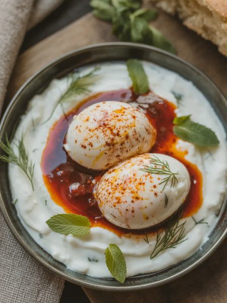 Turkish eggs cilbir with poached eggs on garlicky yogurt drizzled with red chili butter on a dark ceramic plate