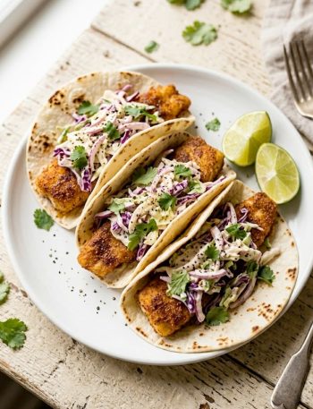Three crispy air fryer fish tacos topped with creamy coleslaw and fresh cilantro on a white plate with lime wedges on the side